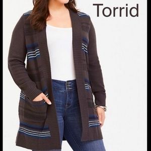 Torrid plus size open front gray striped cardigan